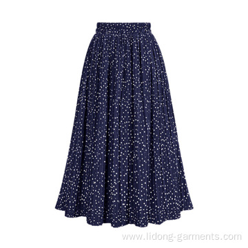 Printed Polka Dot Elastic Polyester Pleated Long Skirt